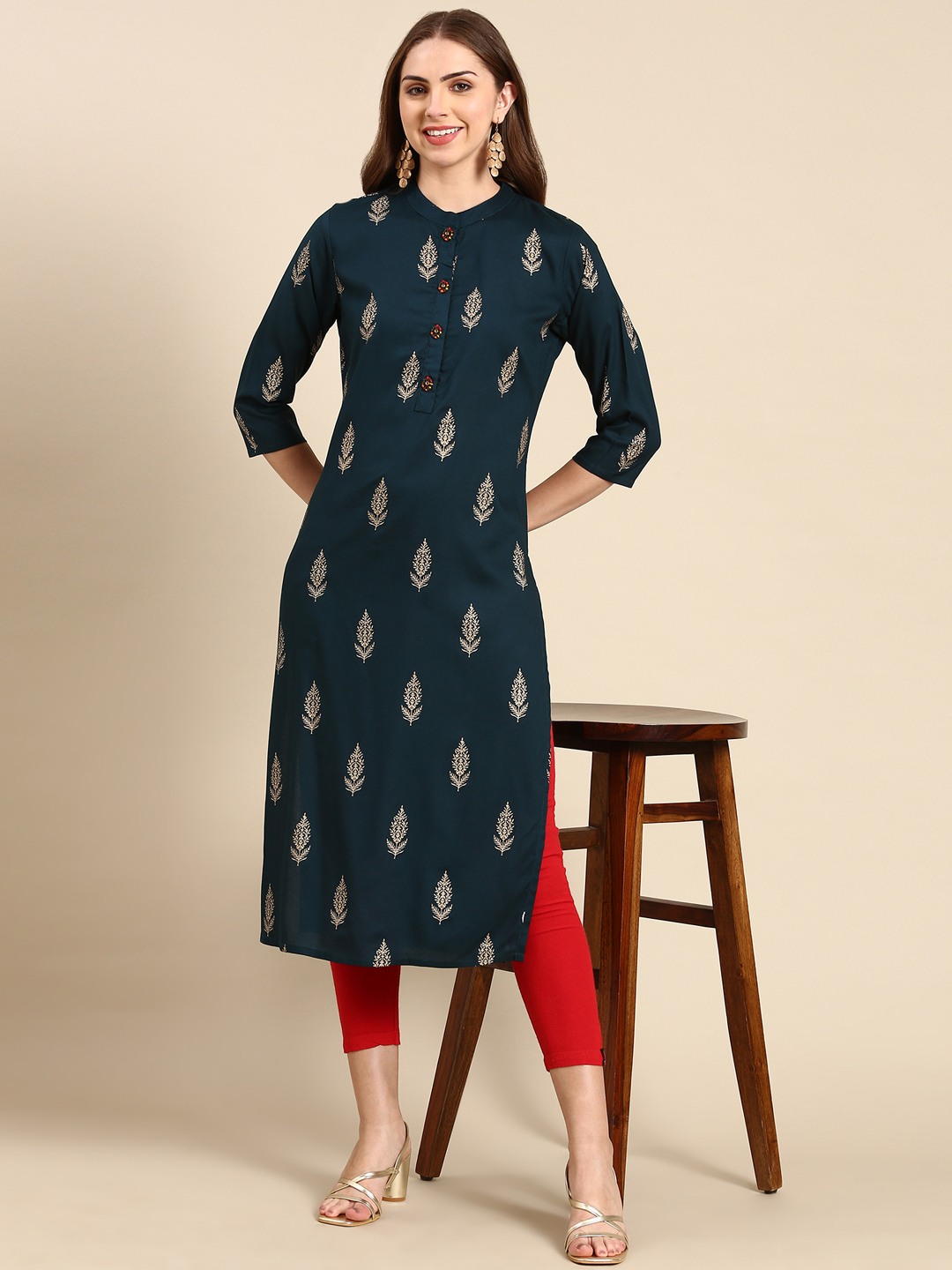 SHOWOFF Women's Mandarin Collar Ethnic Motifs Teal Straight Kurta