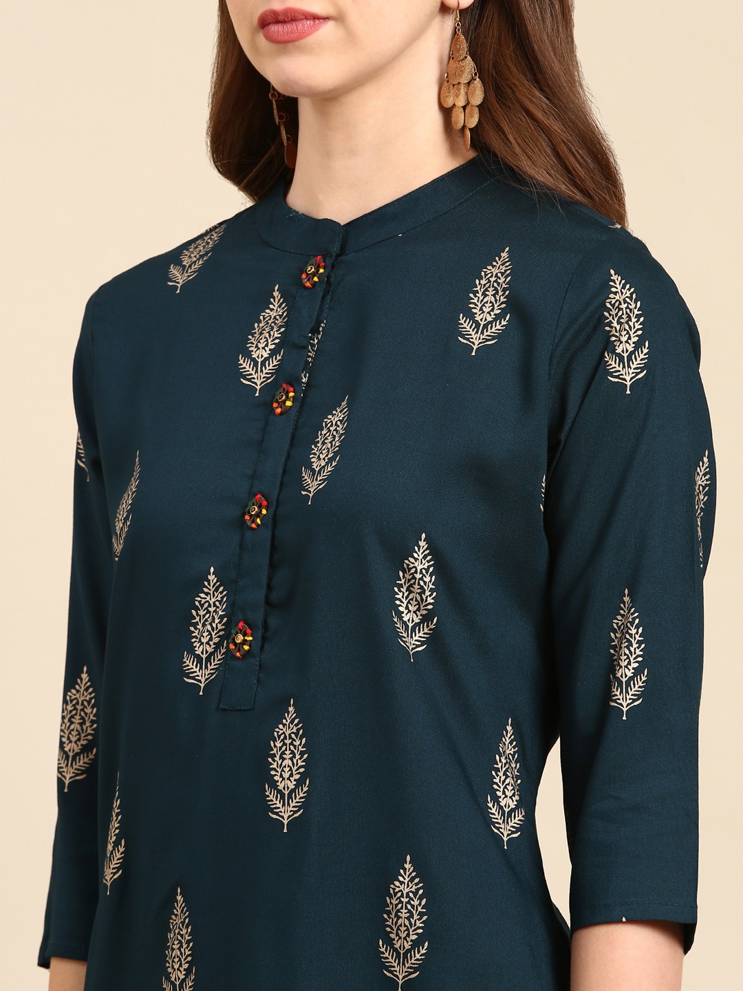 SHOWOFF Women's Mandarin Collar Ethnic Motifs Teal Straight Kurta
