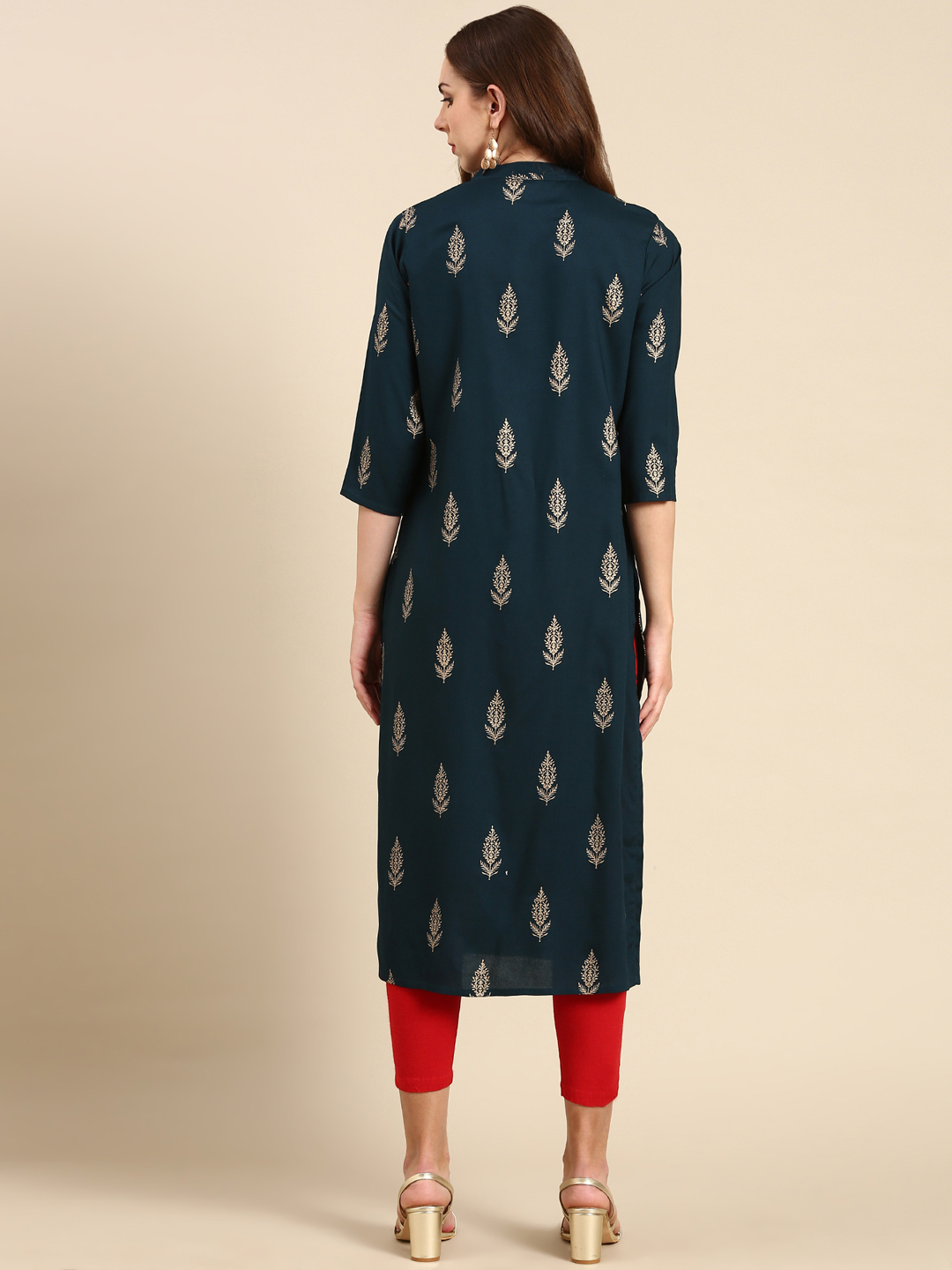 SHOWOFF Women's Mandarin Collar Ethnic Motifs Teal Straight Kurta