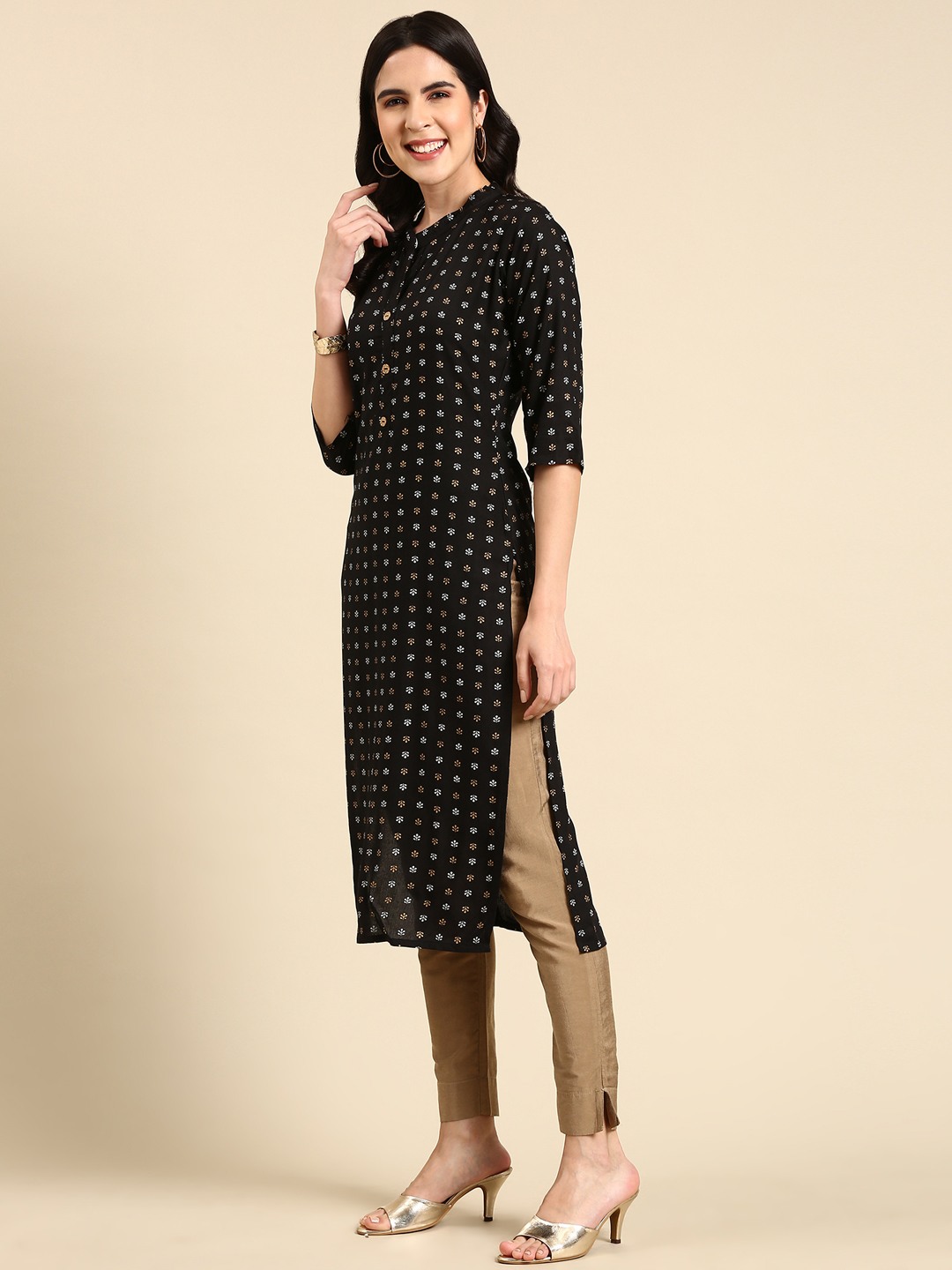 SHOWOFF Women's Mid Length Ethnic Motifs Straight Black Kurta