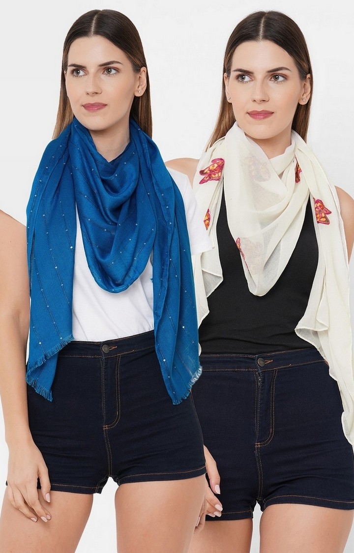 Get Wrapped | Get Wrapped Blue and White Viscose Sequins and Polyester Embroidered Scarf for Women - Pack of 2 0