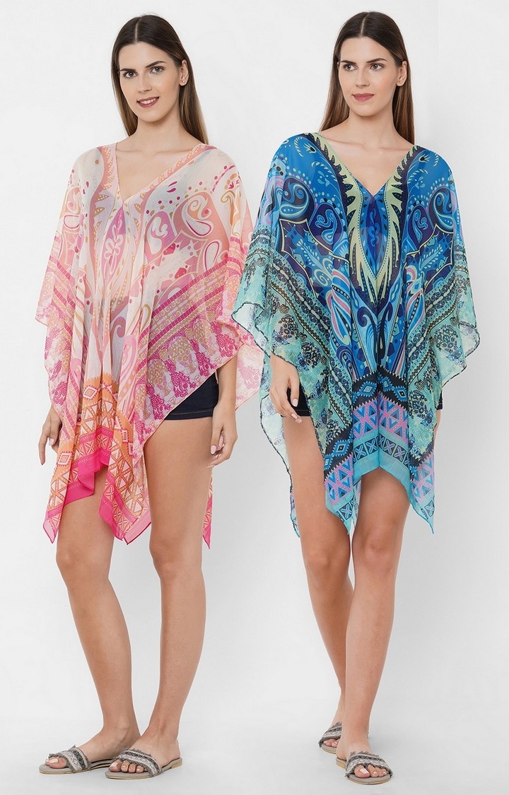 Get Wrapped | Get Wrapped Printed Multicolor Beach Cover-Up Dress - Combo Pack of 2 0