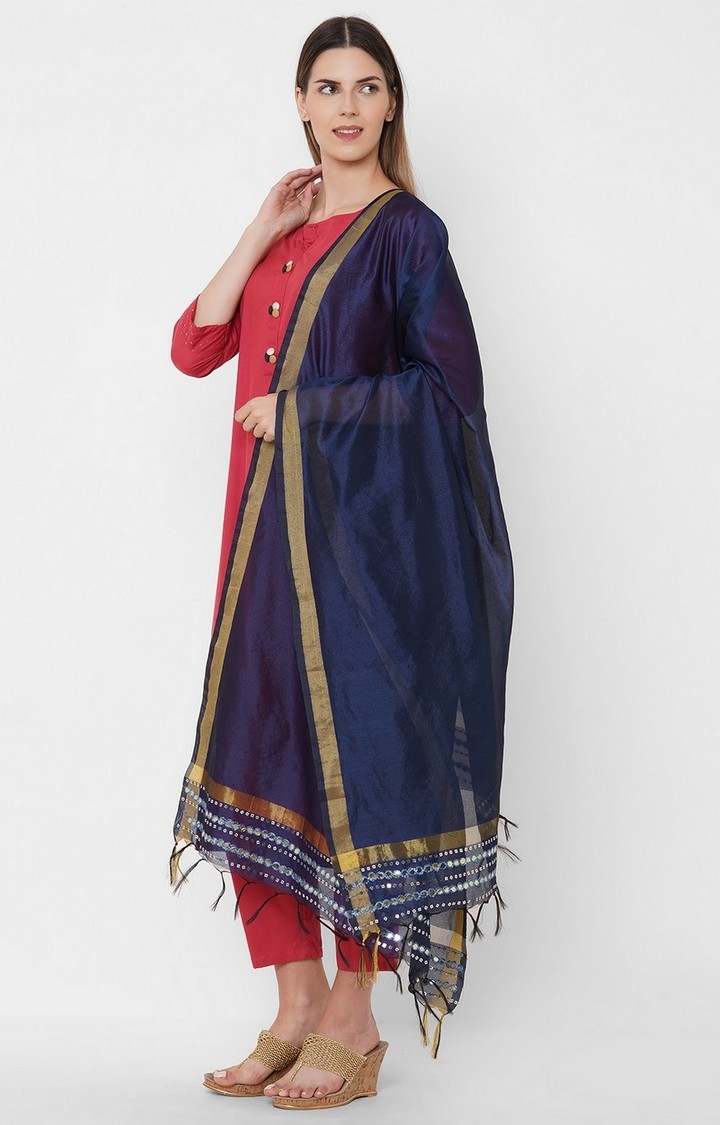 Get Wrapped | Get Wrapped Polyester Gold Border Blue Dupatta with Embroidery 2