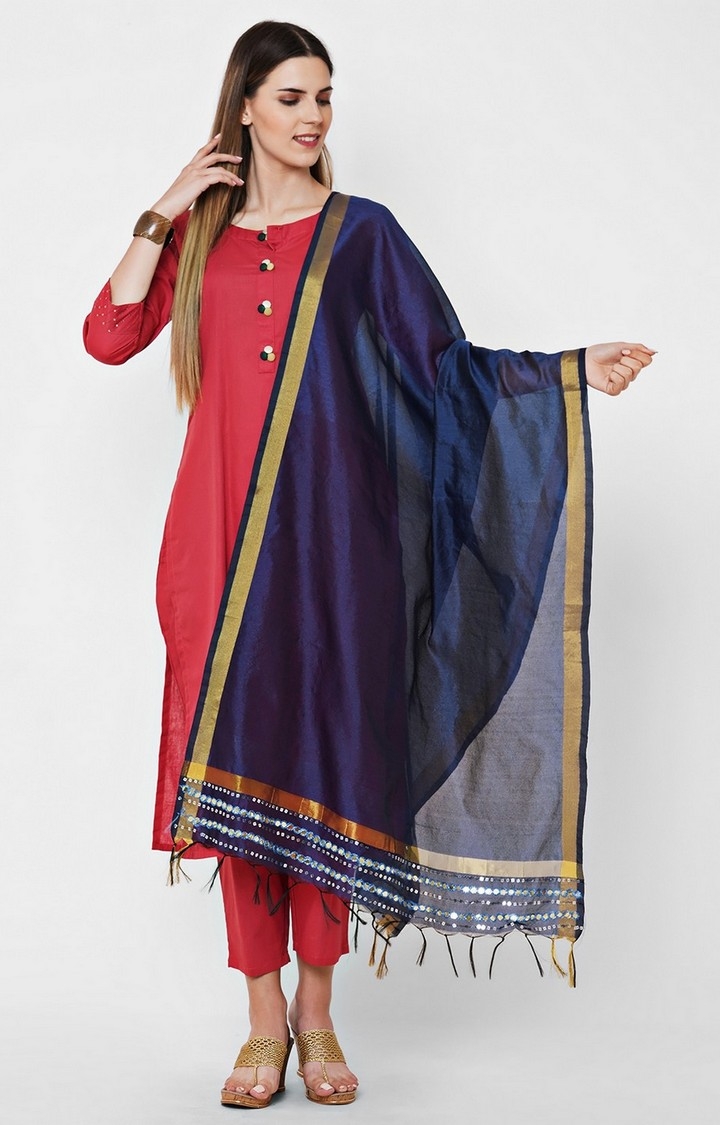 Get Wrapped | Get Wrapped Polyester Gold Border Blue Dupatta with Embroidery 1