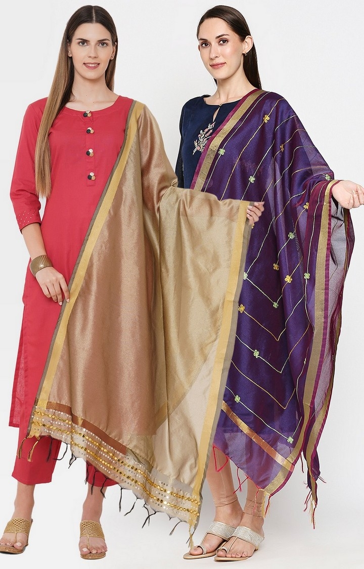 Get Wrapped | Get Wrapped Polyester Gold Border Dupatta with Embroidery for Women - Pack of 2 0