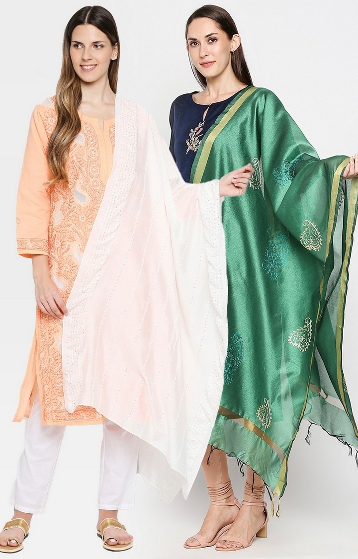 Get Wrapped | Get Wrapped Multi-Coloured Dyeable Dupatta and Gold Border Dupatta for Women - Pack of 2 0