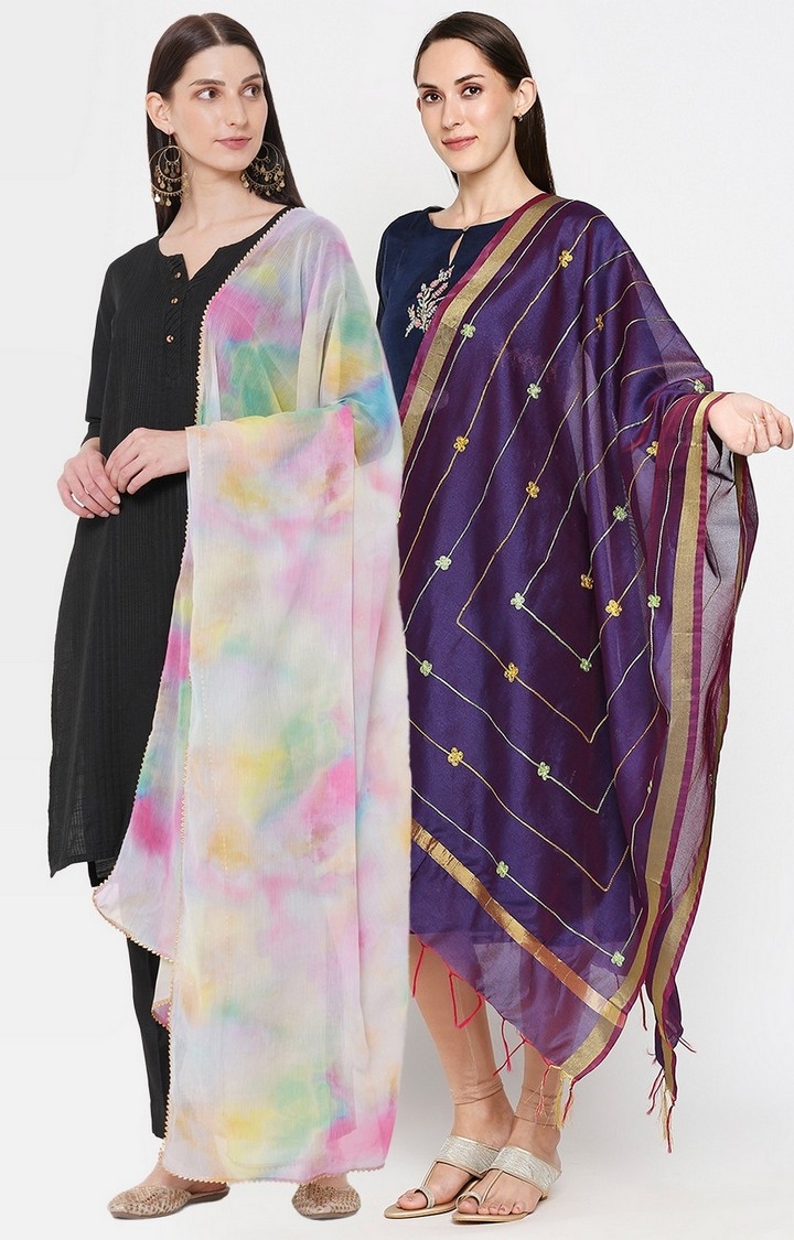 Get Wrapped | Get Wrapped Multi-Coloured Digital Printed Dupatta and Gold Border Dupatta for Women - Pack of 2 0