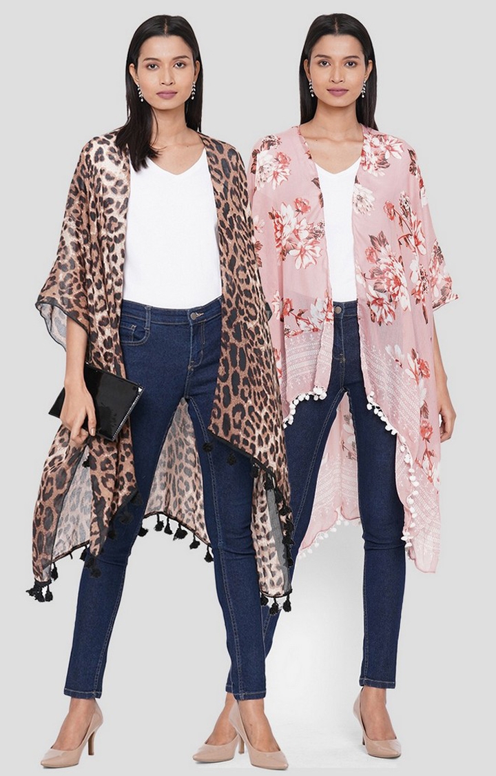 Get Wrapped | Get Wrapped Multicolour Printed Kimonos with fancy Pom Pom for Women - Combo Pack of 2 0