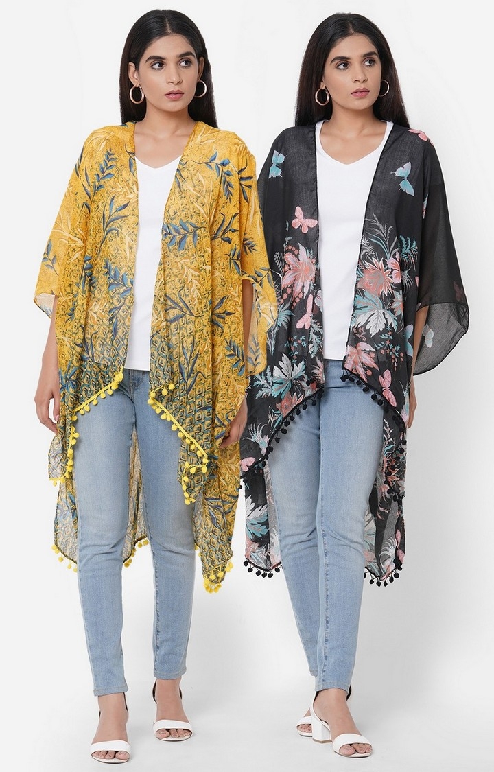 Get Wrapped | Get Wrapped Multicolour Printed Kimonos with fancy Pom Pom for Women -  Combo Pack of 2 0