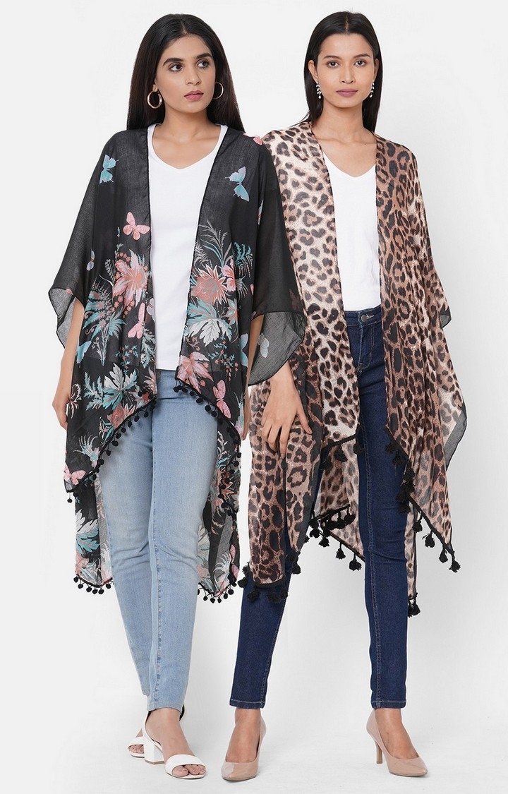 Get Wrapped | Get Wrapped Multicolour Printed Kimonos with fancy Pom Pom for Women -  Combo Pack of 2 0