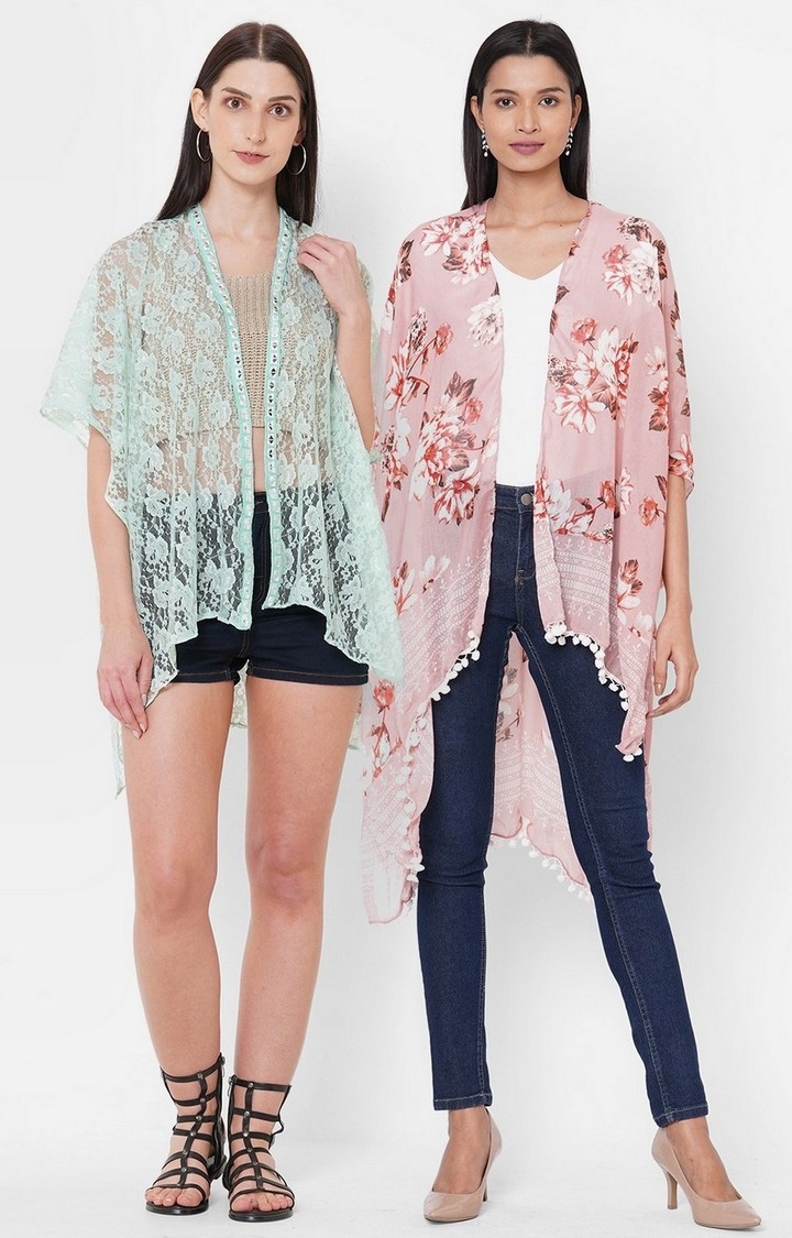 Get Wrapped | Get Wrapped Net Fabric & a Polyester Printed Kimono Combo for Women - Combo Pack of 2 0
