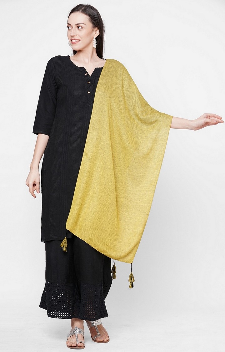 Get Wrapped | Get Wrapped Yellow Viscose Rayon Self Design Scarf with Tasselled Border 1