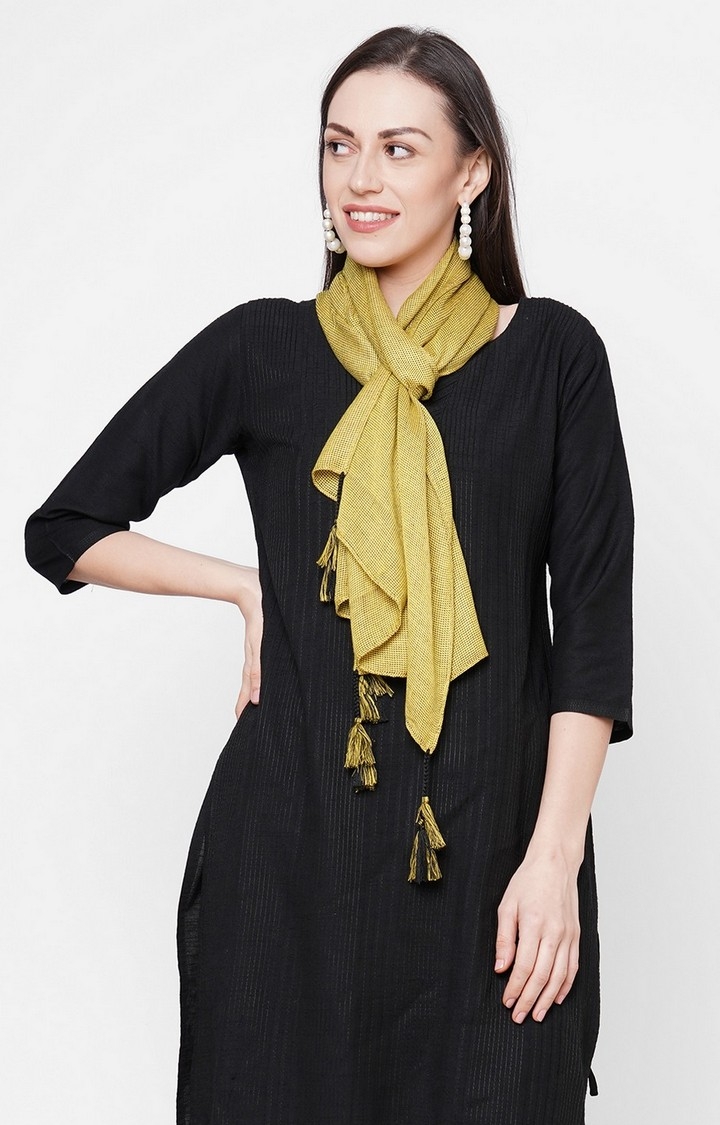 Get Wrapped | Get Wrapped Yellow Viscose Rayon Self Design Scarf with Tasselled Border 0