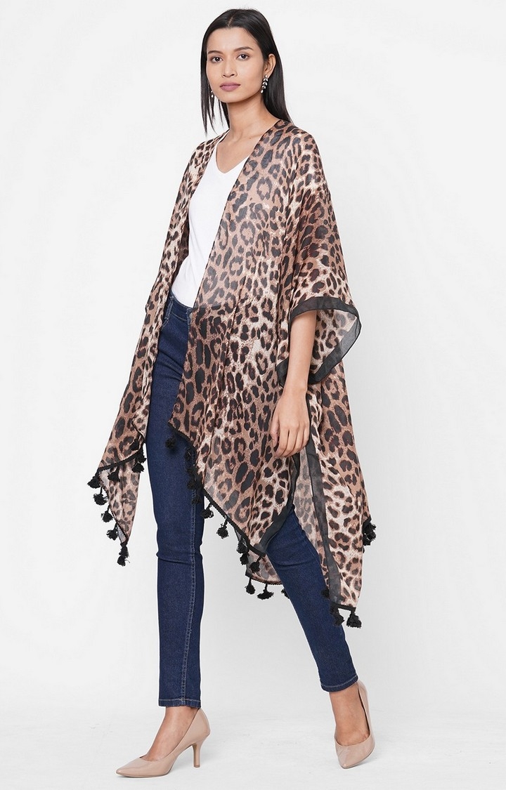 Get Wrapped | Get Wrapped Brown Printed Kimono with fancy Pom Pom for Women 2