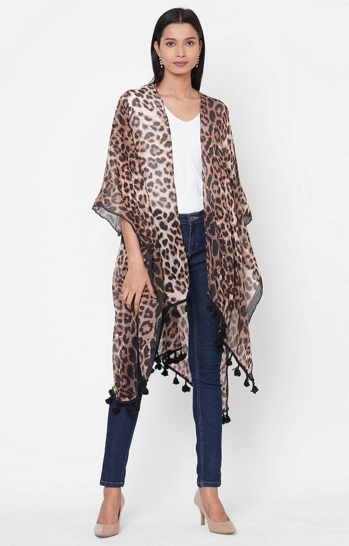 Get Wrapped | Get Wrapped Brown Printed Kimono with fancy Pom Pom for Women 0