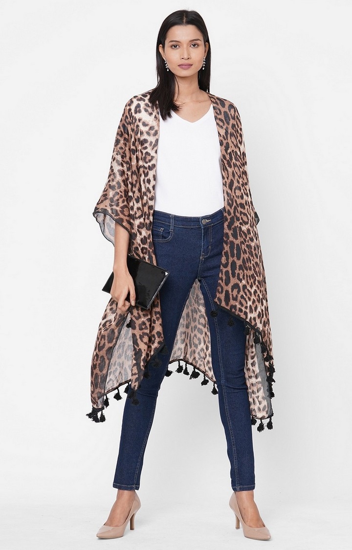 Get Wrapped | Get Wrapped Brown Printed Kimono with fancy Pom Pom for Women 1