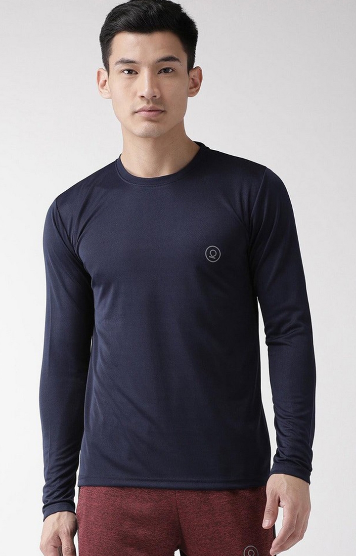 Men's Navy Blue Solid Polyester Activewear T-Shirt