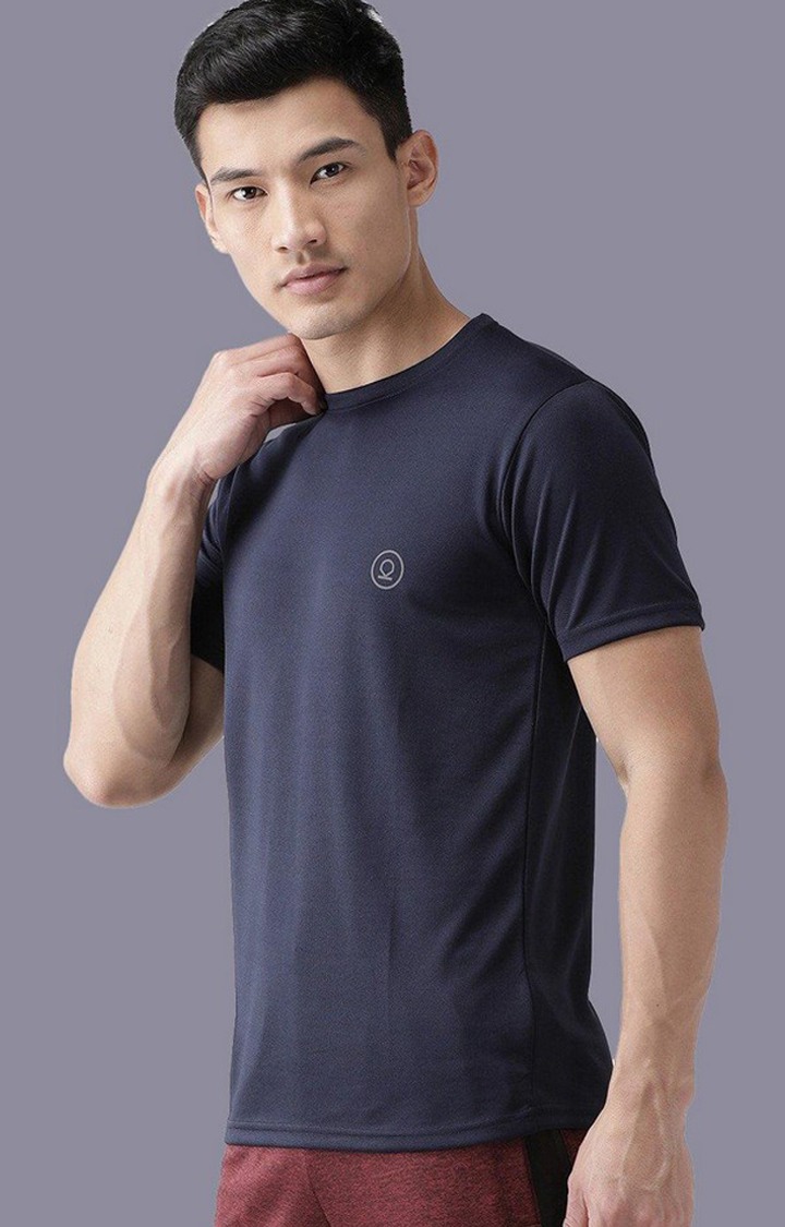 Men's Navy Blue Solid Polyester Activewear T-Shirt