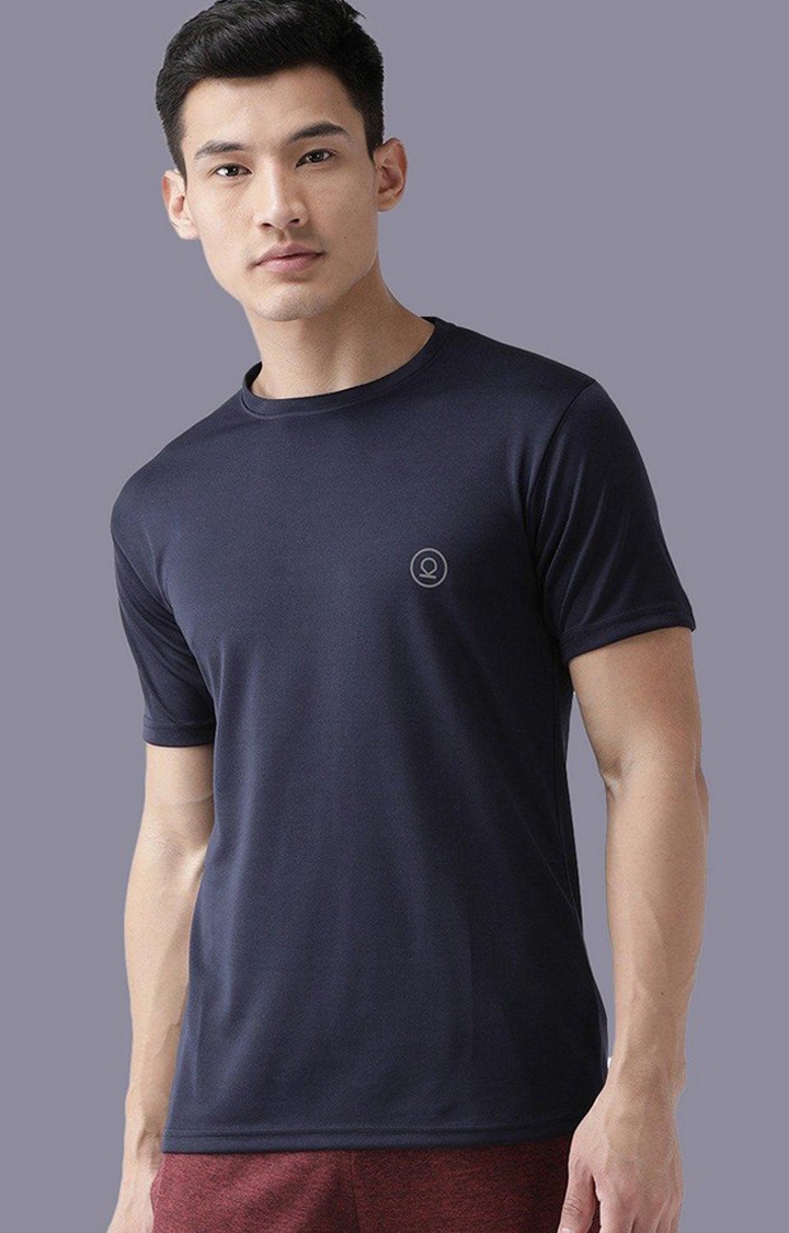 Men's Navy Blue Solid Polyester Activewear T-Shirt