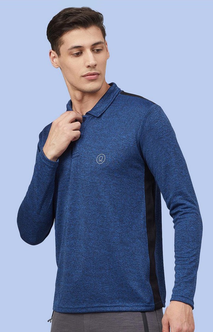 Men's Blue Melange Textured Polyester Activewear T-Shirt