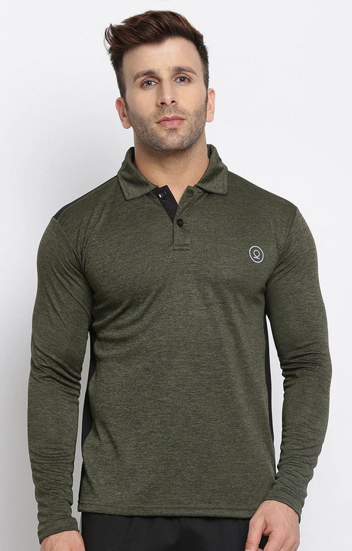 CHKOKKO | Men's Olive Green Melange Textured Polyester Activewear T-Shirt