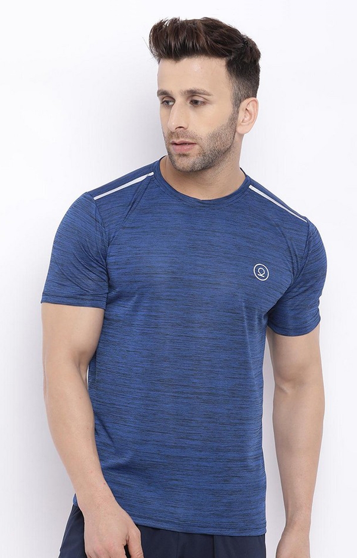 CHKOKKO | Men's Navy Blue Melange Textured Polyester Activewear T-Shirt