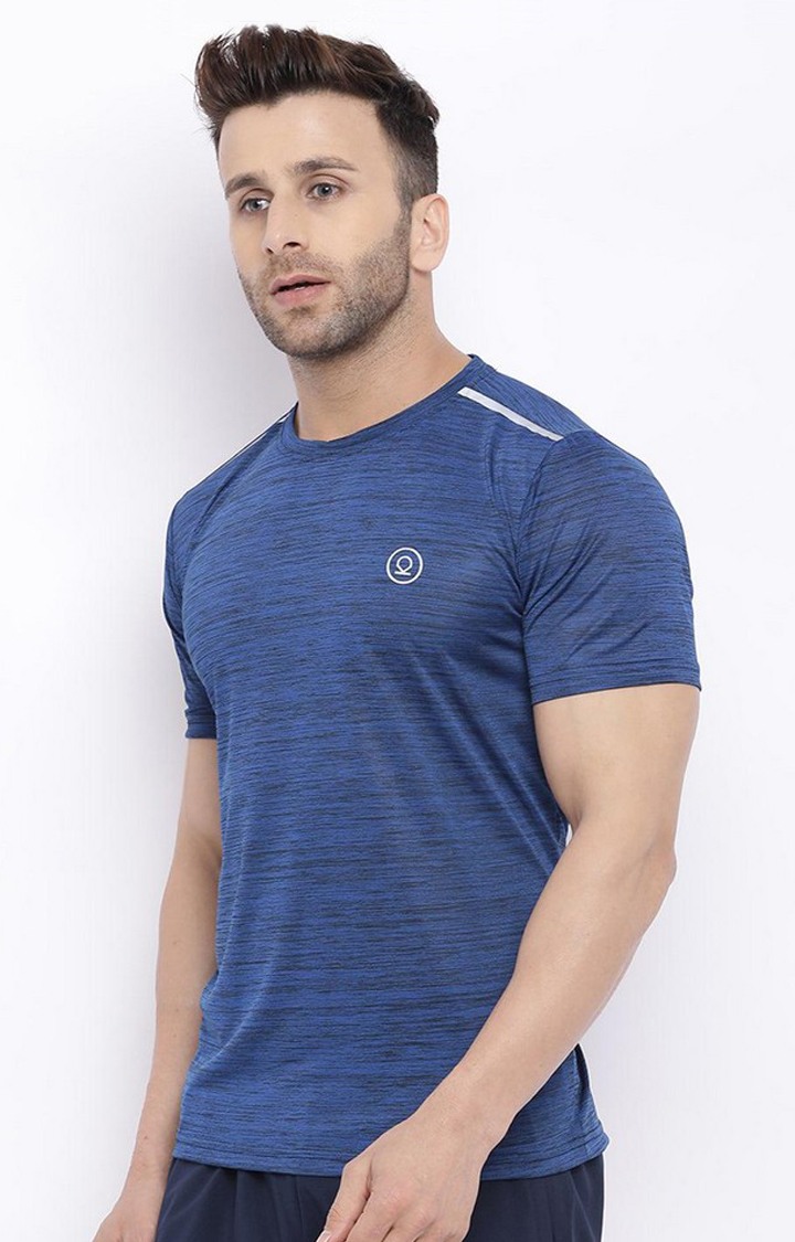 Men's Navy Blue Melange Textured Polyester Activewear T-Shirt