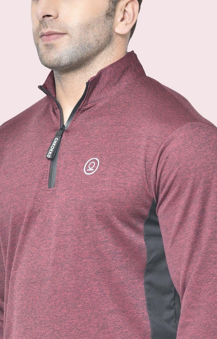 Men's Maroon  Melange Textured Polyester Activewear T-Shirt