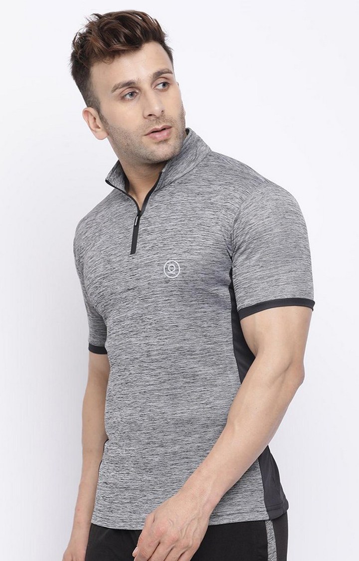 Men's Grey Melange Textured Polyester Activewear T-Shirt