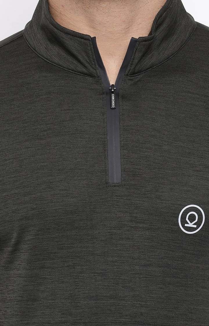 Men's Olive Green Melange Textured Polyester Activewear T-Shirt