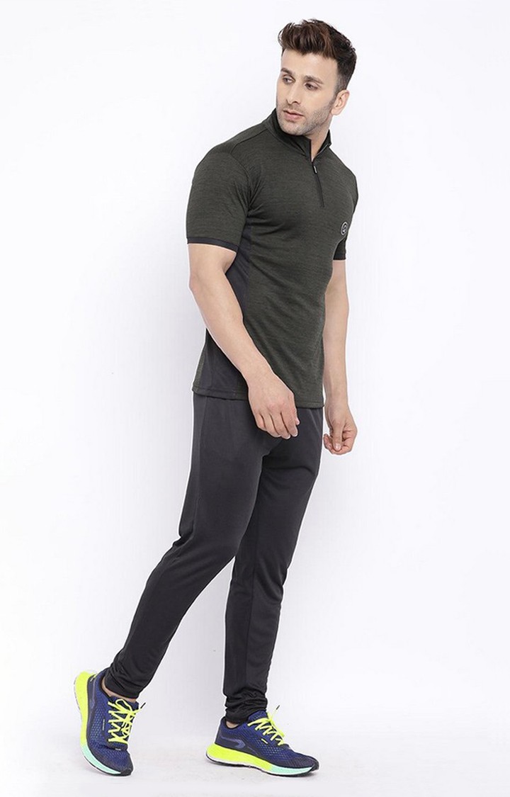 Men's Olive Green Melange Textured Polyester Activewear T-Shirt