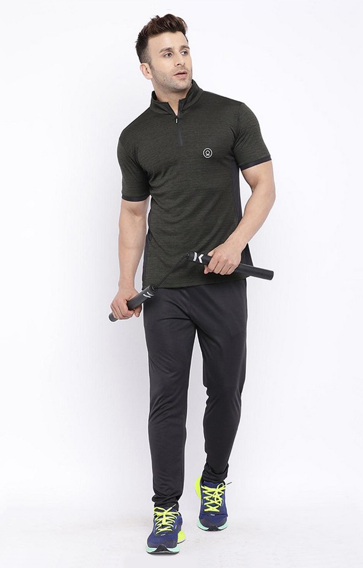 Men's Olive Green Melange Textured Polyester Activewear T-Shirt