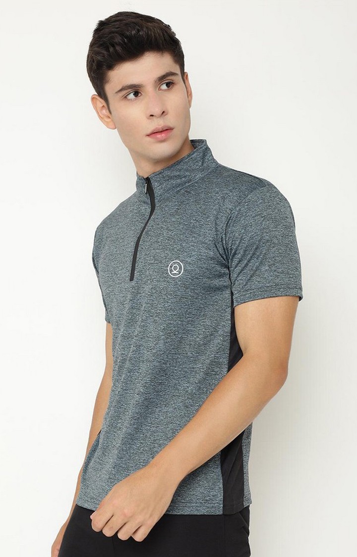 Men's Blue Melange Textured Polyester Activewear T-Shirt