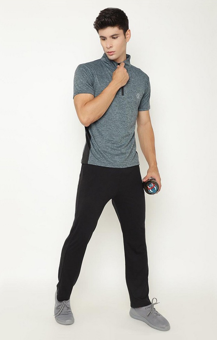 Men's Blue Melange Textured Polyester Activewear T-Shirt