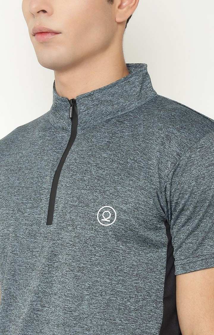 Men's Blue Melange Textured Polyester Activewear T-Shirt