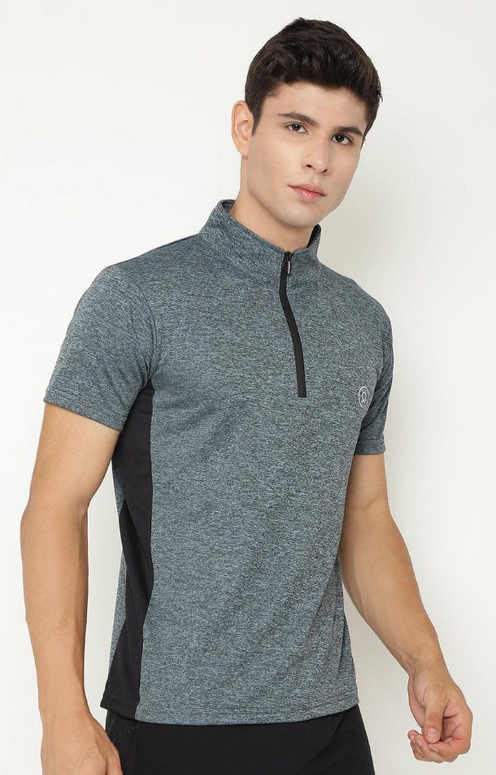 Men's Blue Melange Textured Polyester Activewear T-Shirt