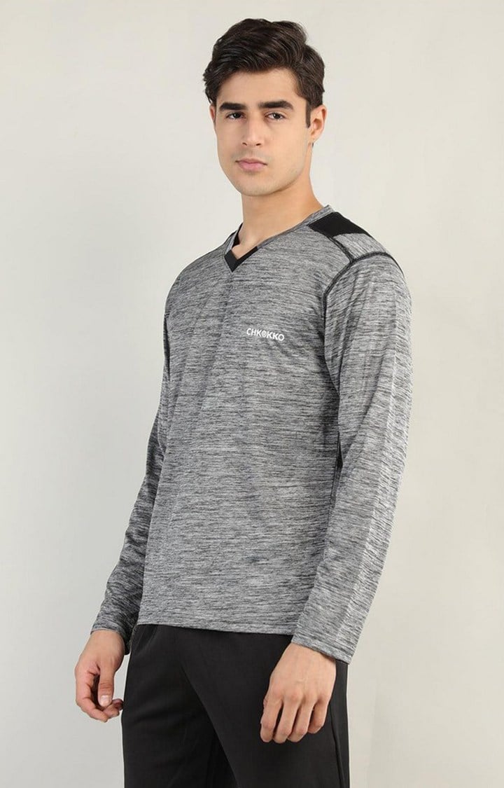 Men's Grey Melange Textured Polyester Activewear T-Shirt