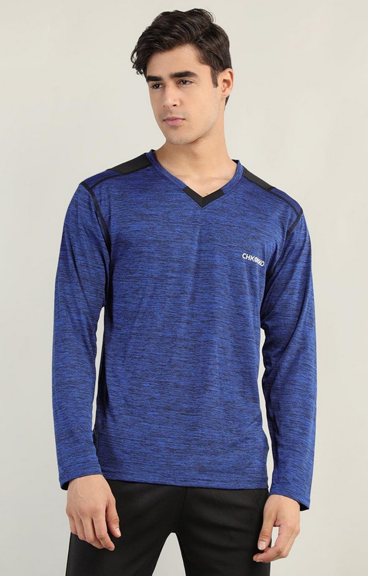 CHKOKKO | Men's Blue Melange Textured Polyester Activewear T-Shirt