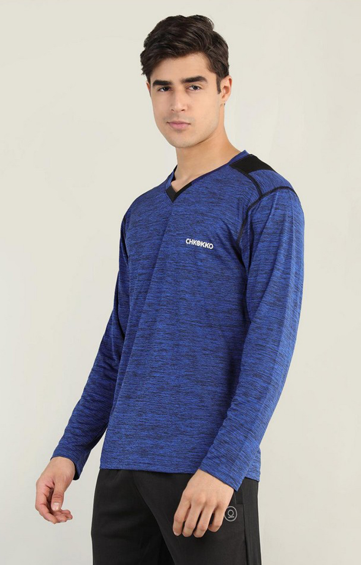 Men's Blue Melange Textured Polyester Activewear T-Shirt