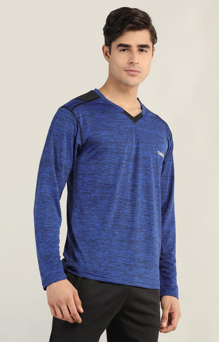 Men's Blue Melange Textured Polyester Activewear T-Shirt