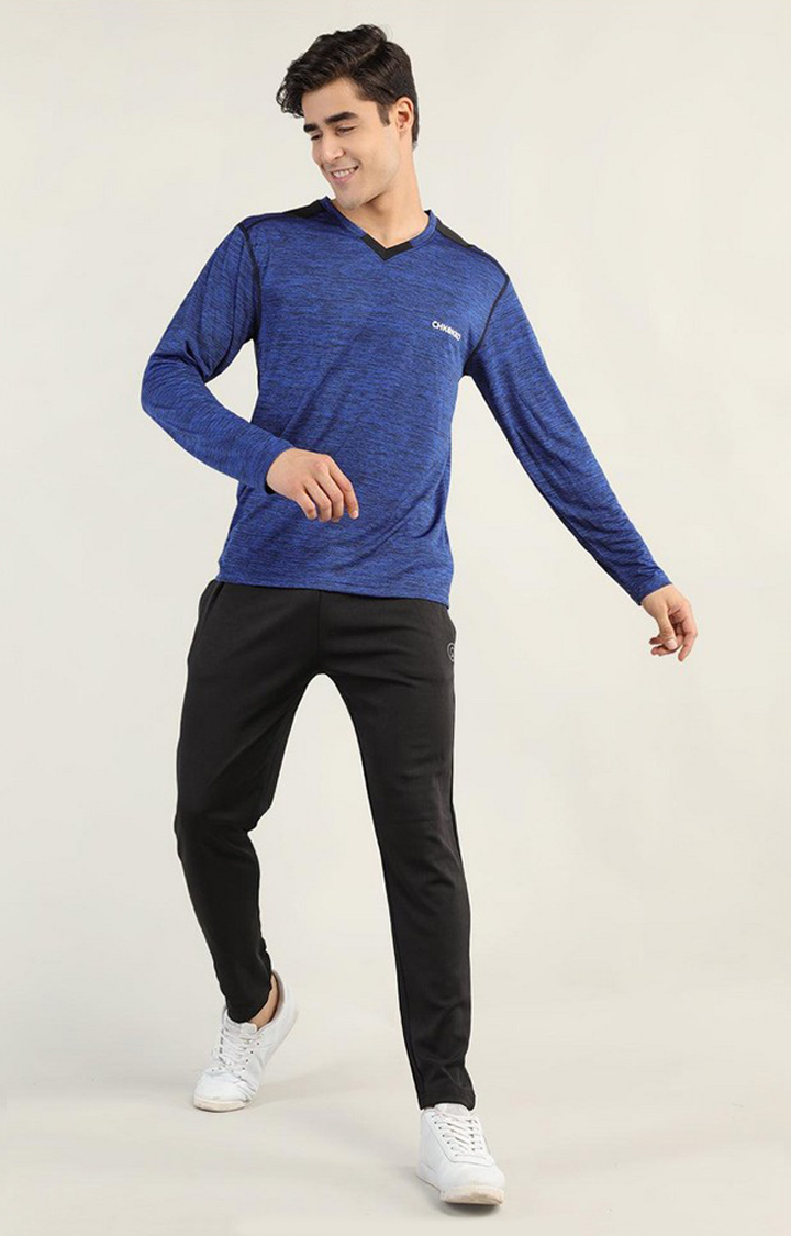 Men's Blue Melange Textured Polyester Activewear T-Shirt