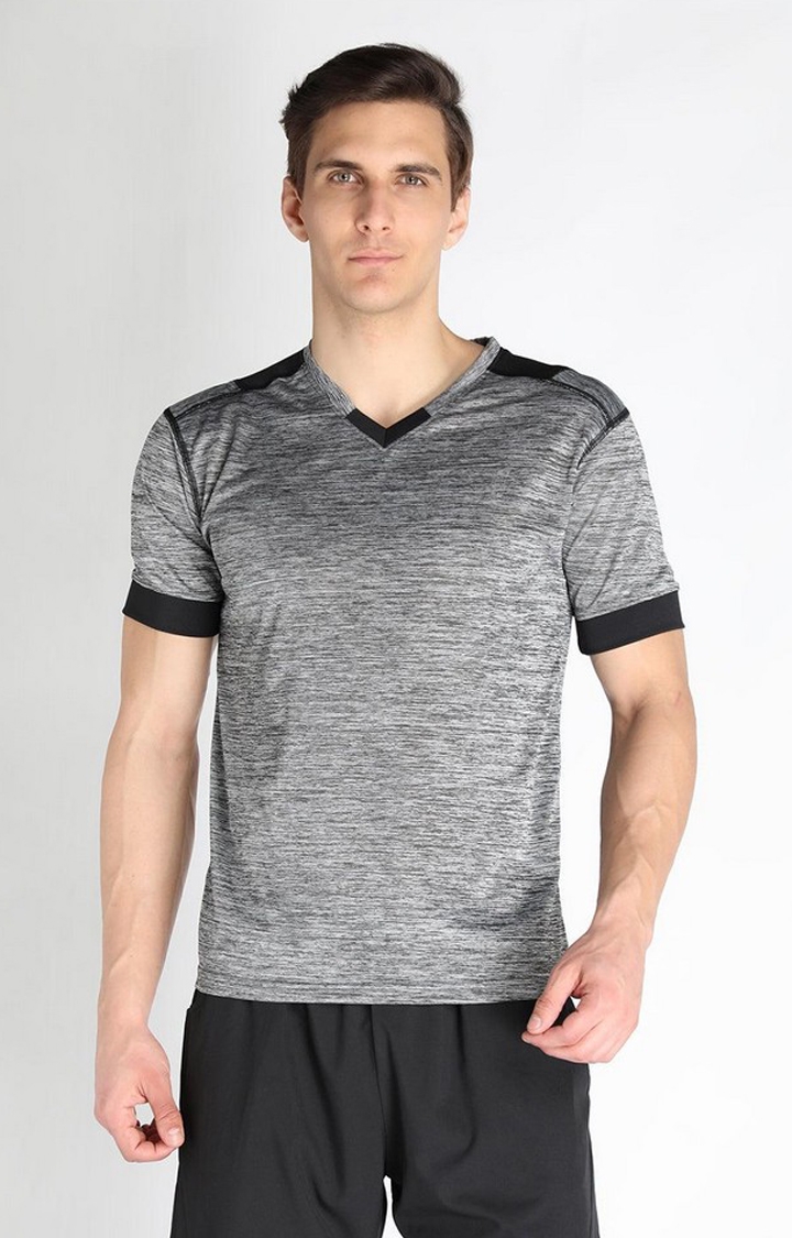 CHKOKKO | Men's Grey Melange Textured Polyester Activewear T-Shirt
