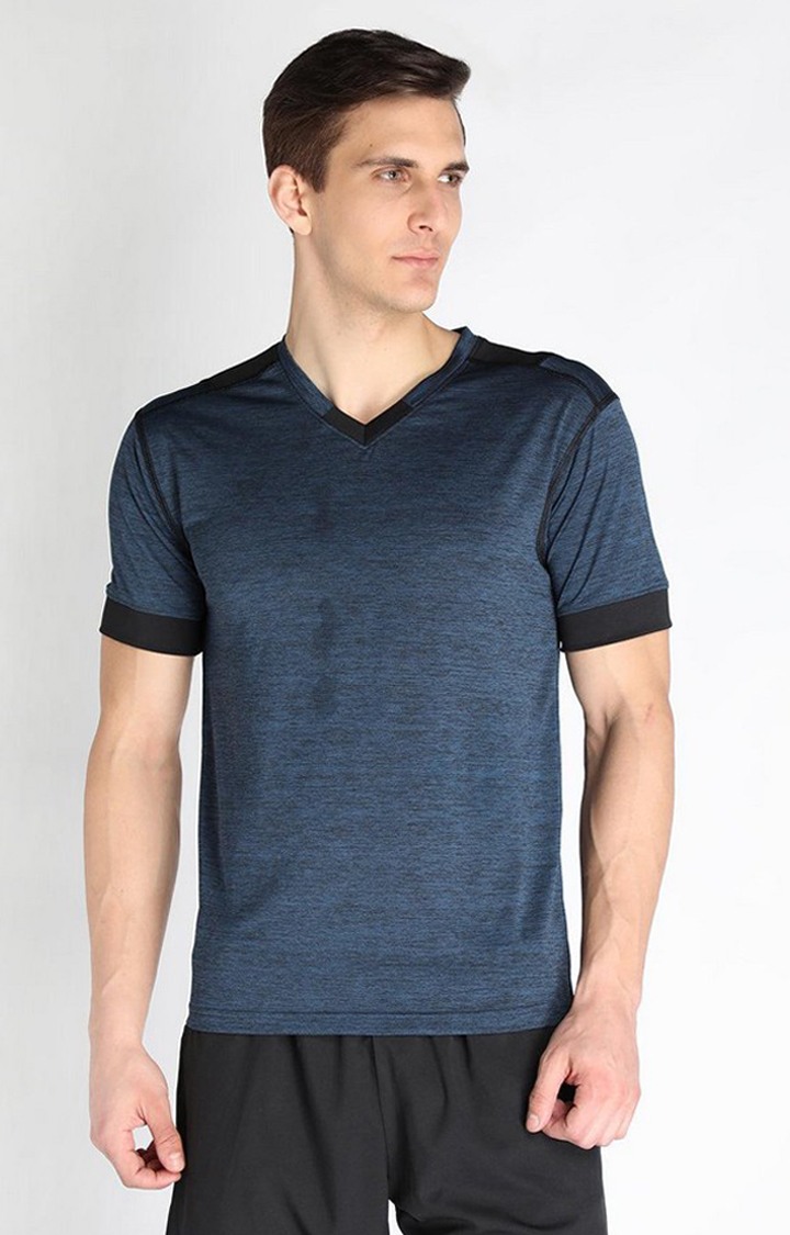 Men's Blue Melange Textured Polyester Activewear T-Shirt