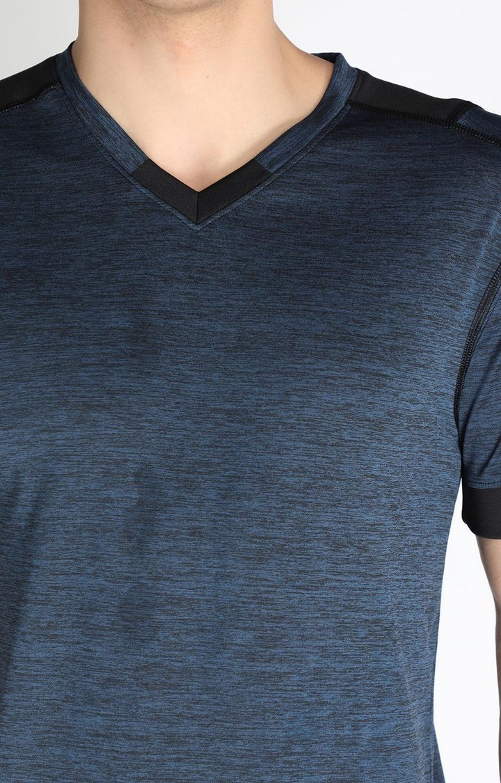 Men's Blue Melange Textured Polyester Activewear T-Shirt