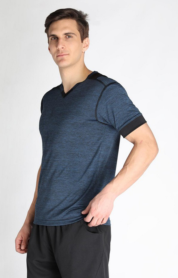 Men's Blue Melange Textured Polyester Activewear T-Shirt