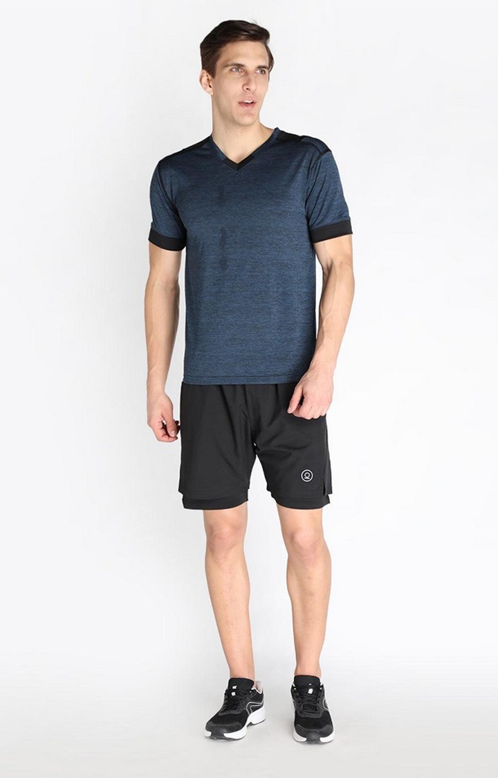 Men's Blue Melange Textured Polyester Activewear T-Shirt