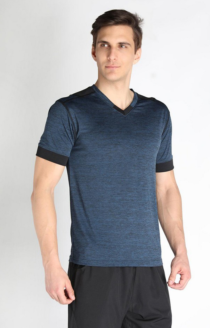 Men's Blue Melange Textured Polyester Activewear T-Shirt