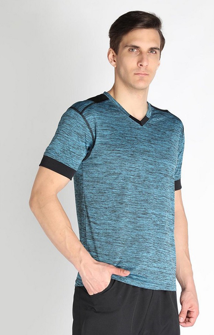 Men's Blue Melange Textured Polyester Activewear T-Shirt