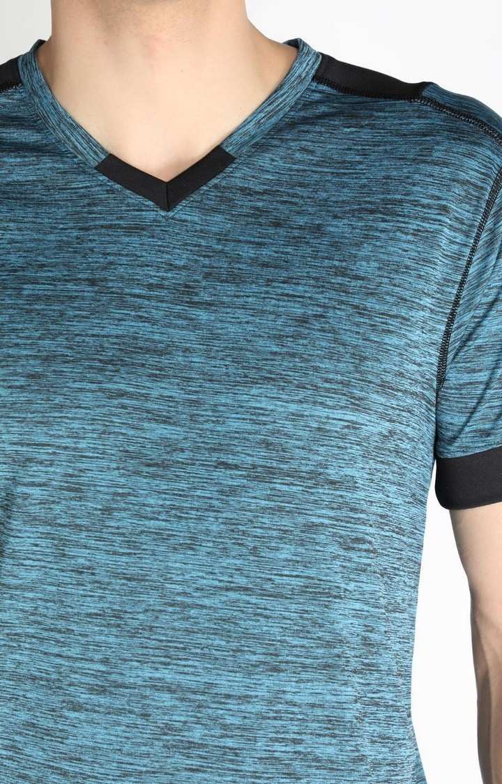 Men's Blue Melange Textured Polyester Activewear T-Shirt