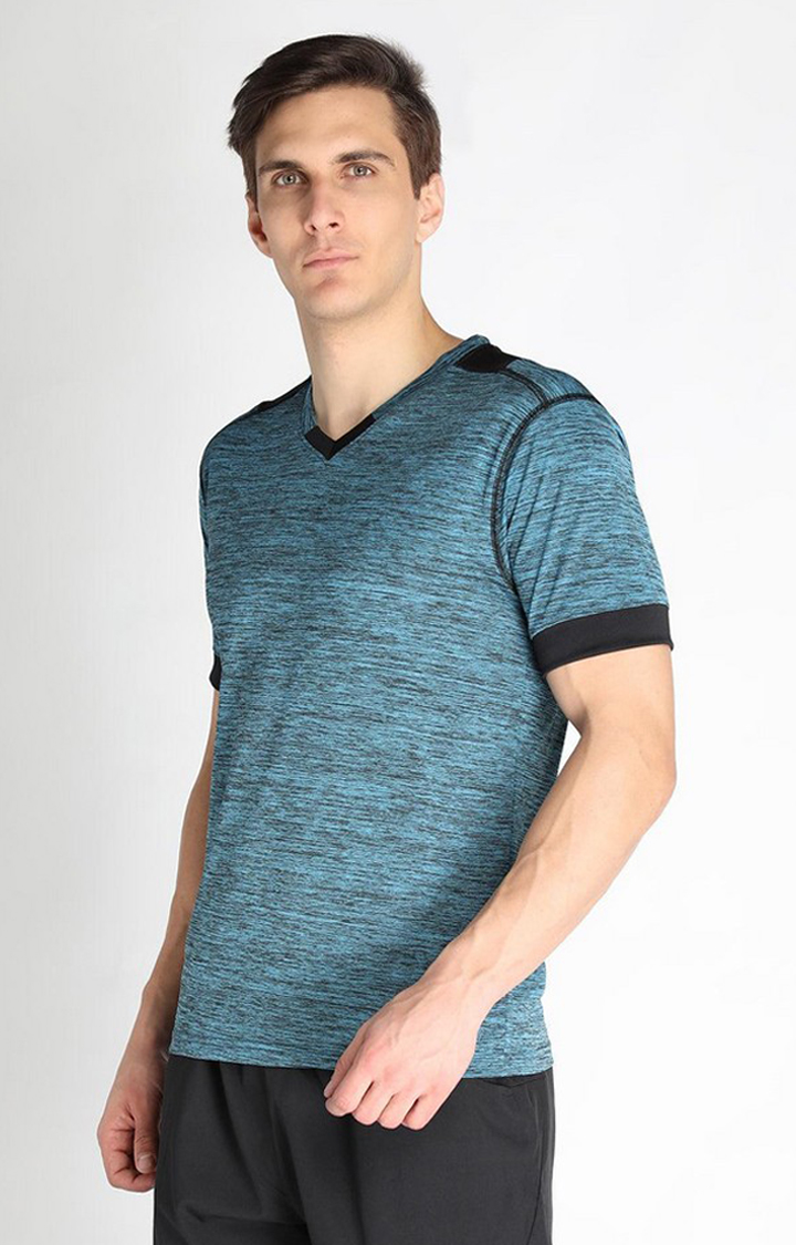 Men's Blue Melange Textured Polyester Activewear T-Shirt